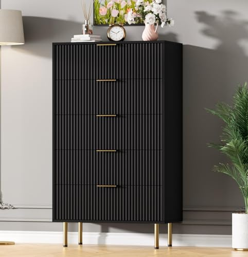 GAOMON 5 Drawer Dresser,Fluted Dresser for Bedroom,47.9 Tall Dressers Chest of Drawers,Wood Tall Dressers with Metal Handle for Closet, Living Room, Entryway