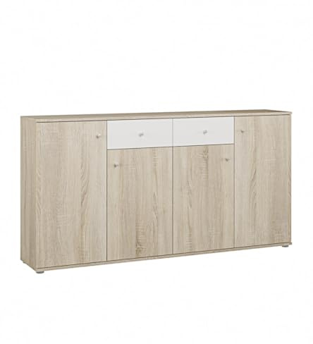 Home Heavenly® Aparador Match con 4 Puertas y 2 Cajones – Mueble Moderno con Gran Capacidad de Almacenaje e Iluminación Integrada para Salón o Comedor en Acabado Sonona y Blanco 160 x 80 X 32 cm