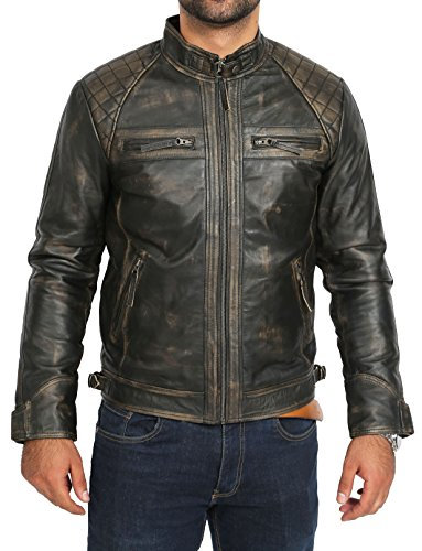 A1 FASHION GOODS Biker Stil Echtes Lederjacke Für Männer Jahrgang Stil Gewaschen Zwei Ton Effekt Lammfell Mantel-Django (S - EU 46)