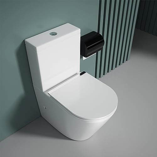Durovin Bathrooms Close Coupled Toilet with Dual Flush Cistern & Soft Close Seat with Metal Strip 365×800×610mm(WHD) - Rimless Technology