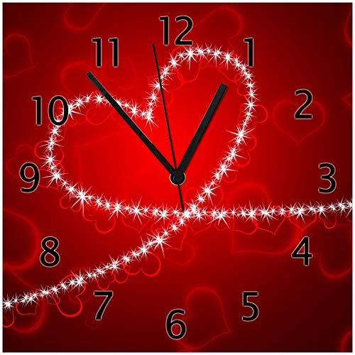 Wallario Design-Wanduhr Leuchtendes Herz aus Sternen vor rotem Hintergrund aus Glas, Motiv-Uhr Größe 30 x 30 cm, Schwarze Zeiger