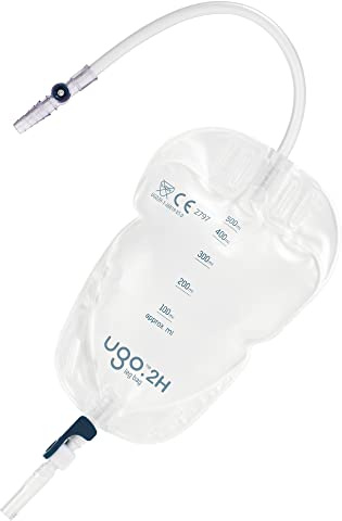 Ugo-Beintaschen (x10) - Urindrainagebeutel/Katheter-Beintaschen, T-förmige oder hebelförmige Taschen mit weicher Stoffrückseite (10er-Pack) (Ugo 2H - 500ml, lange Tube, Hebelarmatur)