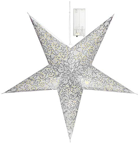 com-four® Leuchtstern in 3D mit LED Beleuchtung und Timer in warm-weiß | stabiler Premium Papierstern in silberfarben