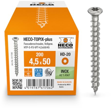 HECO-TOPIX-plus 4,5 x 50, Fassadenschraube, Linsensenkkopf, HECO-Drive, HD-20, variables Vollgewinde, Edelstahl A2, 200 Stück