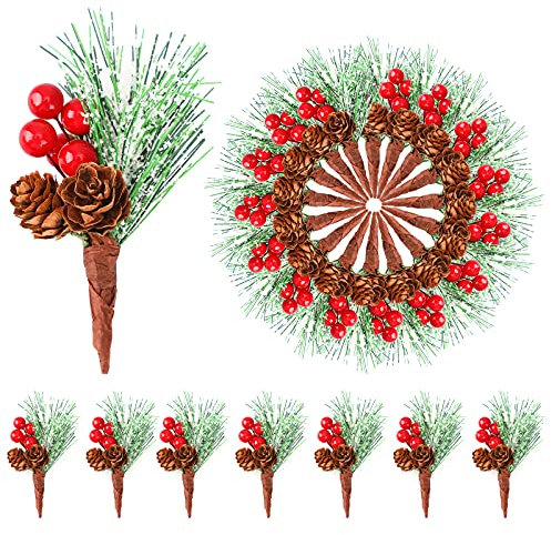 FNSAOM Künstliche Tannenzweige, rote Beerenstiele, Tannenzweige, PVC-Tiefenstiele, Weihnachtsspieße, Spray mit natürlichen Tannenzapfen, Schnee-Nadeln,