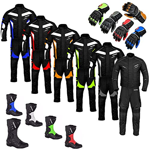 Rex Motorbike Suit Waterproof 2 Piece Suit Rider Bike Motorcycle Jacket, Trouser, Boots & Gloves Fully Protected Suit CE Armour All Weather for Mens
