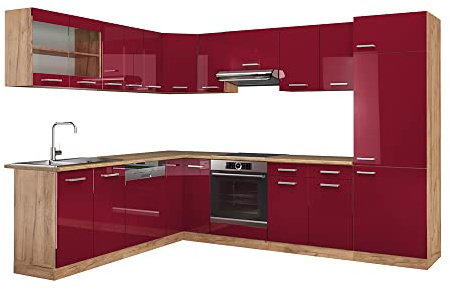 Vicco Eckküche R-Line, Rot Hochglanz/Goldkraft Eiche, 287 x 46 cm ohne Arbeitsplatte, für Flexible Küchenplanung und individuelle Modulanordnung