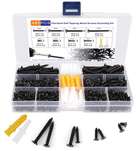 Wood Screws Assortment Kit, 480pcs M3&M4 Black Black Wood Screws, Small Screws Set, Short Screws Fasteners Cabinet Hinge Mounting for Micro Woodworking with 30pcs M6 Anchorss