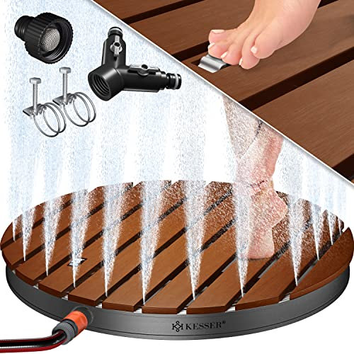 KESSER® Ducha de jardín, Ducha de Suelo, Ducha de Exterior, Ducha de Sauna, Ducha de Camping 70 x 55 cm, rectángulo, Fuente Regulable en Altura hasta 4 m, con Rueda de pie, Aluminio/WPC