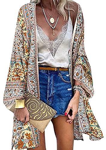 Yutdeng Kimono Mujer Kaftan Playa Cárdigan Verano Kimonos Cortos Floral Bohemio Suelto Bikini Cover Up Pareos Caftan Gasa Casual Camisolas Traje de Baño Ropa Playa para Mujer