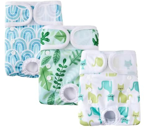 COMSLE Hundblöjor Kvinnliga Tvättbara S, 3-pack och återanvändbara, kvinnliga hundtrosor värme, högt absorberande hundtrosor gröna blad