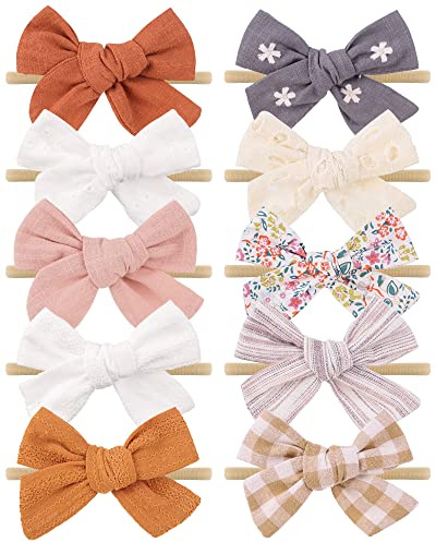 doboi 10PCS Baby Girls Headbands Hair Bows Nylon Linen Hairbands Handmade Hair Accessories for Newborn Infant Toddlers Little Girl and Kids 3.5Inches