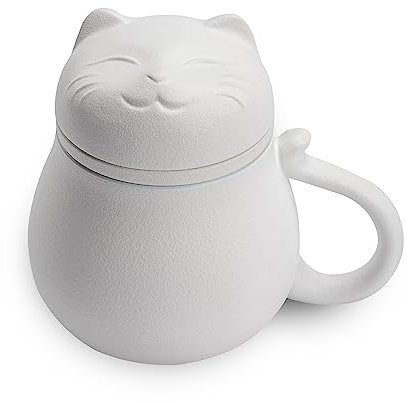 Hanbosym Keramik Teetasse mit Teesieb und Deckel (13.5oz), Teebecher mit süßem Katzen Design, Filter zum Einweichen von losem Blatt, Geschenk für Urlaub, Geburtstag, warmes Haus (Weiß)