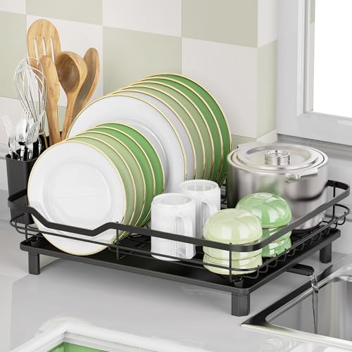 ROTTOGOON Dish Drying Rack, Stainless Steel Rustproof Dish Rack for Kitchen Counter, Sturdy Dish Drainer with Drainboard, Drainage, Utensil Holder for Various Kitchenware, 16.2(L) x 12.6(W), Black