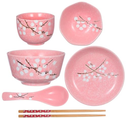 SHERCHPRY 6pcs Glass Plates and Bowls Wood Chopsticks Flower Rice Bowls Ceramic Dinnerware Kit Soup Asian Bowls Chinese Decor Ceramic Tableware for Home Dining Table Individual Supplies
