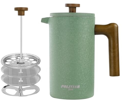 Poliviar French Press av rostfritt stål, termisk kaffebryggare isolerad med dubbla väggar, kaffebryggare 1 liter, handfilter kaffepress med plunger och trähandtag, kaffepress (grön)