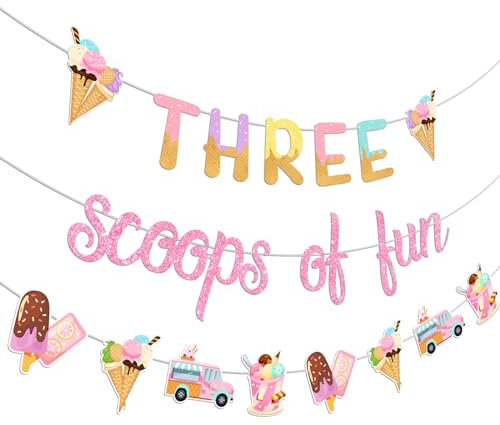 Jollyboom Three Scoops of Fun Banner Ice Cream 3rd Birthday Party Decoration for Girls, Glitter for Girl Summer Ice Cream Theme 3rd So Sweet Birthday Party Decoration