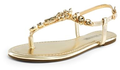DREAM PAIRS Flat Sandals for Women Dressy Rhinestone T-Strap Thong Flat Sandals for Summers Dress Beach,Size 10,Gold,SDFS2405W