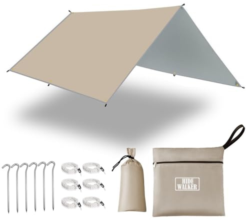 HIDEWALKER Camping Tarp Shelter 3x3m 3x4m 3x5m Lightweight Tent Tarpaulin Waterproof Tent Awning Canopy Basha Sunshade for Hiking Backpacking (Khaki, 4x4m)