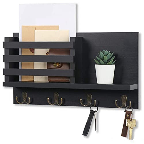 XMCKA An der Wand montierter Briefständer, Schlüsselbrett aus Holz, Postsortierer mit Schlüsselhaken und einem schwebenden Regal, antike Inneneinrichtung, Wand-Postsortierer-Organizer, für die