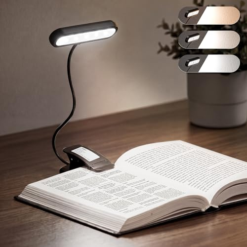 LQWELL® Lampe de Lecture 12 LED, Liseuse Clip Rechargeable, Protection des Yeux, 3 Températures de Couleur &10 Luminosités, Gradation Continue, 360° Cou Flexible (Noir,1 Pièce)