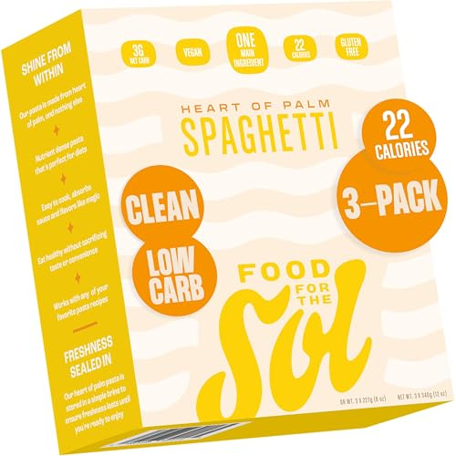 Food for the Sol Hearts of Palm Pasta (3-Pack) – Vegan, Al Dente Low Carb Spaghetti Noodles – Clean, Delicious Plant Based Vegetable Spaghetti - Gluten Free Pasta Recipes for Dinner, Lunch