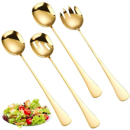 AKONE Salatbesteck Edelstahl 4 Stück, Salatbesteck Set mit Gabel und Löffe, 28 * 5.5cm, Salatlöffel Vorlegebesteck für Küche, Esszimmer, Familiencamping und Picknick (Gold)