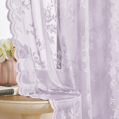 Tende in pizzo viola chiaro, lunghe 213 cm, 2 pannelli, romantico fiore lilla trasparente, per camera da letto e soggiorno, tasca per asta semi velata, in pizzo viola per filtrare la luce, decorazione