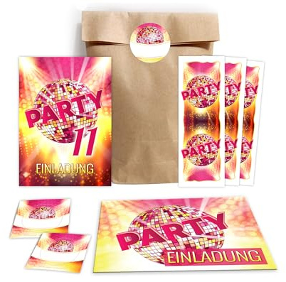 JuNa-Experten 8 Einladungskarten zum 11. Kindergeburtstag Mädchen Disco VIP Einladung elfte Geburtstag incl. 8 Umschläge, 8 Partytüten/natur, 8 Aufkleber, 8 Lesezeichen