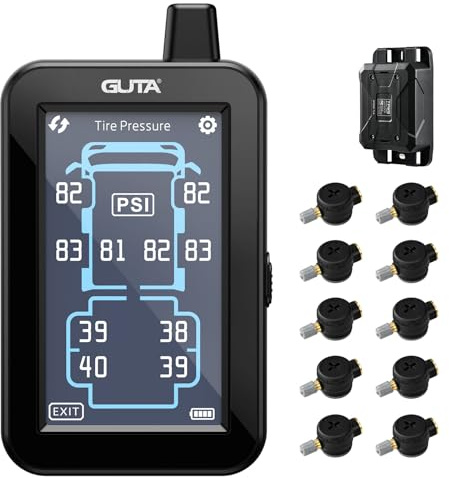 GUTA Tire Pressure Monitoring System, Trailer TPMS with Color Touchscreen Display & 10 Flow Thru Sensor, 6 Alert Modes, Signal Booster, Tire Pressure Monitor for RV, Camper, Semi, 5th Wheel (0-188PSI)