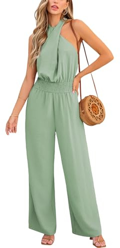 CUPSHE Combinaison d'été pour femme - Col croisé - Sans manches - Taille smockée - Longue jambe large - Tenue décontractée, vert sauge, L