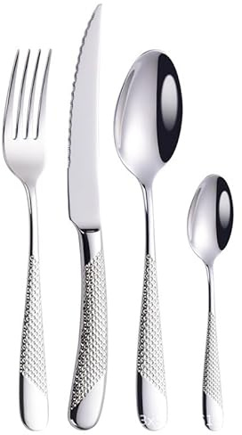 Ensemble de couverts en argenterie, 4/16/24/32/40/48 pièces, couteau de table, fourchette et cuillère, ensemble de couverts à steak et fourchette en acier inoxydable 304, vaisselle dorée, argent - 6