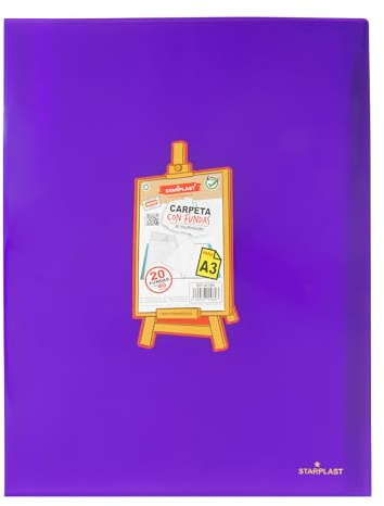 Carpeta con 20 Fundas Tamaño A3, Colores básicos, para 40 páginas, Polipropileno, Oficina, Escolar, Documentos, Archivador, 2 Bolsillos - MORADO