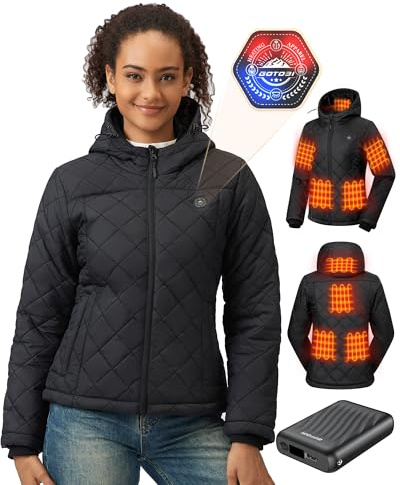 GOTOBI Women's Heated Jacket with Power Bank 12V 18400mAh, 8 Heating Zones Hooded Winter Coat with 3 Temperature Levels, Electric Quilted Puffer Jacket for Women Cycling, Camping & Outdoor Work