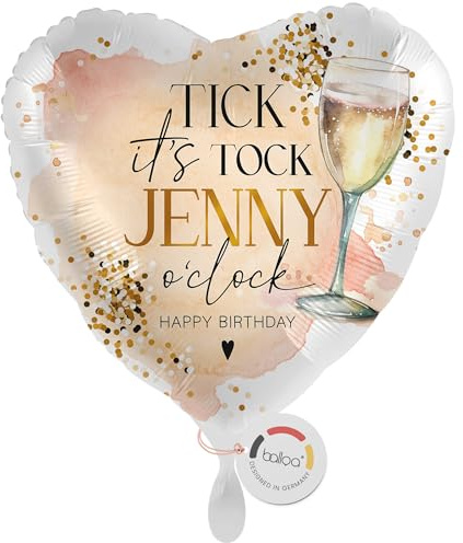 balloa Personalisierter Ballon mit Namen, Geschenk zum Geburtstag, Herz Folieballon Tick Tock Secco Motiv mit Wunschtext Happy Birthday, Helium geeignet, Luftballon Deko für Frauen, 33cm