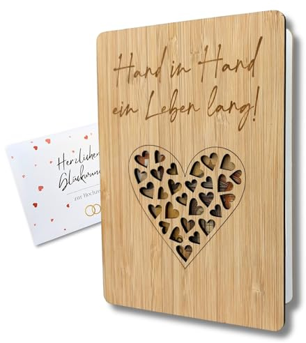 Geldgeschenk Hochzeit Herz | Holz Hochzeitskarte mit Umschlag | Hochzeitsgeschenke für Brautpaar | Bambus Hochzeitsgeschenk | Geld schön verpackt für das Brautpaar | Geschenk Hochzeit