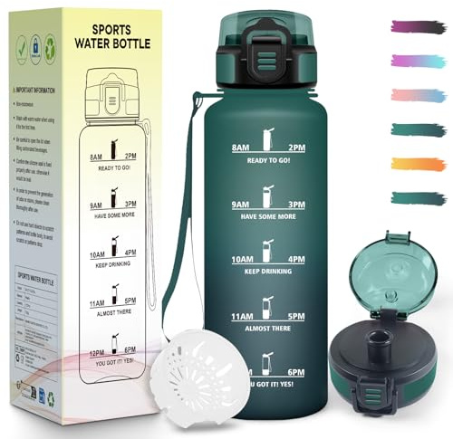 Mulbijeo Trinkflasche Sport, 1.5L mit Strohhalm, Wiederverwendung, Wasserflasche, mit Zeitmarkierung, Trinkflasche Kohlensäure Geeignet für Outdoor, Radfahren, Fitness, Yoga