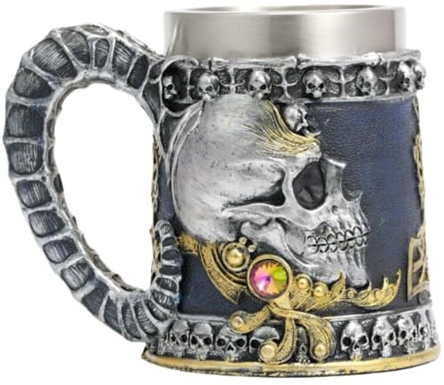 ZONSUSE Chope à Bière Gothique, Chope Crane Tete de Mort, Tasse de Crâne Médiéval, avec Manche en Corne Démoniaque, Cadeau Original pour Anniversaire, Noël, Halloween, Déco gothique 600 ml (Démon)