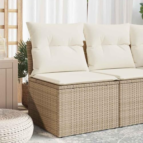 Holamys Gartensessel ohne Armlehnen, Beige Poly Rattan, mit Kissen, Stauraum, wasserfestem Beutel, UV-beständig, 110 kg Belastbarkeit, für Garten, Terrasse, Balkon