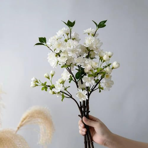 Künstliche Kirschblüten Zweige - 3 Stück 46 cm Frühlingsstrauß für Vase, Realistische Kirschblüten Dekoration für Frühling und Ostern, Verstellbare Zweige, Perfekt für Tischdekoration (Weiß)