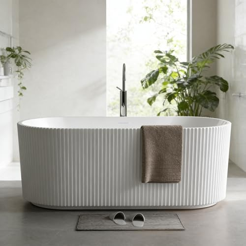 59Acrylic Freestanding Soaking Bathtub, Deep Ergonomic Design with Lumbar Support, Integrated Overflow Drain, Non-Slip Base,cUPC Certified Modern Bathroom Tub, Easy Installation for Bathroom