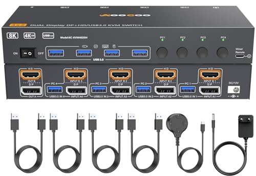 8K@60Hz/4K@144Hz HDMI DP KVM Switch 4 PC 2 Monitore,USB 3.0 KVM Switches mit 4 USB Anschlüssen für 4 Computer Dual Monitor,Kabelfernbedienung und USB-Kabel im Lieferumfang enthalten