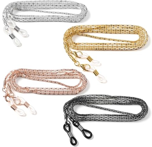 Alrhso Metall Brillenbandketten 4 Stück 70cm Universal rutschfeste Brillenkordel Sonnenbrillenband Brillenbandhalter für Damen und Herren (Gold, Roségold, Schwarz, Silber)