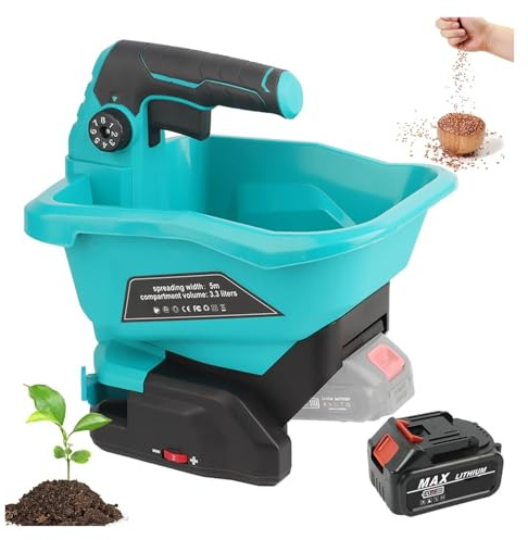Genérico Esparcidor de Semillas de Mano, con tolva de 3,3 L, esparcidor de Fertilizante Recargable con batería de 1300 mAh, 6 ángulos de siembra for césped, for césped, jardín, horticultura