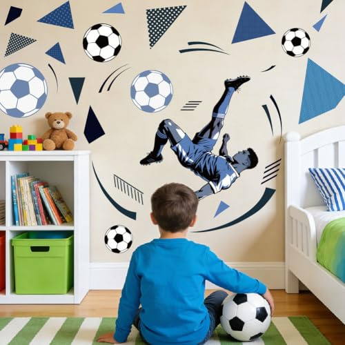 SUPERDANT Wandtattoo Große Fußball Wandsticker Kunst Dekor 2 Stück Entfernbare Fußball Wandaufkleber 30x96cm Für Sportlich Thematisiertes Kinderzimmer Zimmer Und Wohnzimmer Blau