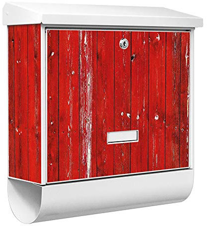 banjado® Burgwächter Briefkasten Weiß 38x39x12cm mit Motiv Rote Holzlatten/Briefkasten mit Zeitungsfach/Briefkasten mit Zeitungsrolle/Postkasten inkl. Montagematerial & 2 Schlüsseln