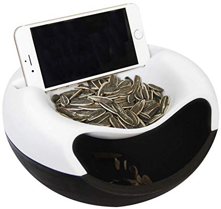 Lazy Snack Schale Handy Halterung, Servier Schale Schüssel für Snacks, Nüsse, Kerne, Obstschale mit Handy Halter, 2 in 1 Doppelschichten Kunststoff Snackschale (Weiß)