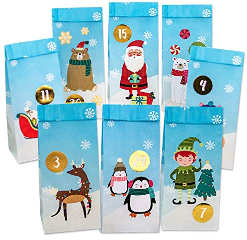 Papierdrachen Adventskalender 2025-24 Papiertüten mit Schneelandschaft & Stickern - DIY Adventskalender zum Befüllen für Kinder zu Weihnachten