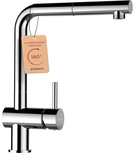 SCHOCK® Küchenarmatur EPOS Chrom I Niederdruck Armatur mit ausziehbarer Schlauchbrause I 360° drehbar I Spültischarmatur für Küchenspüle I Edelstahl modernes Design I Einhebelmischer Edelstahl