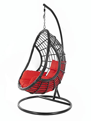 KIDEO großer Hängesessel inklusive Gestell und Kissen, Polyrattan schwarz (Kissen: Nest rot [3050 Scarlet])